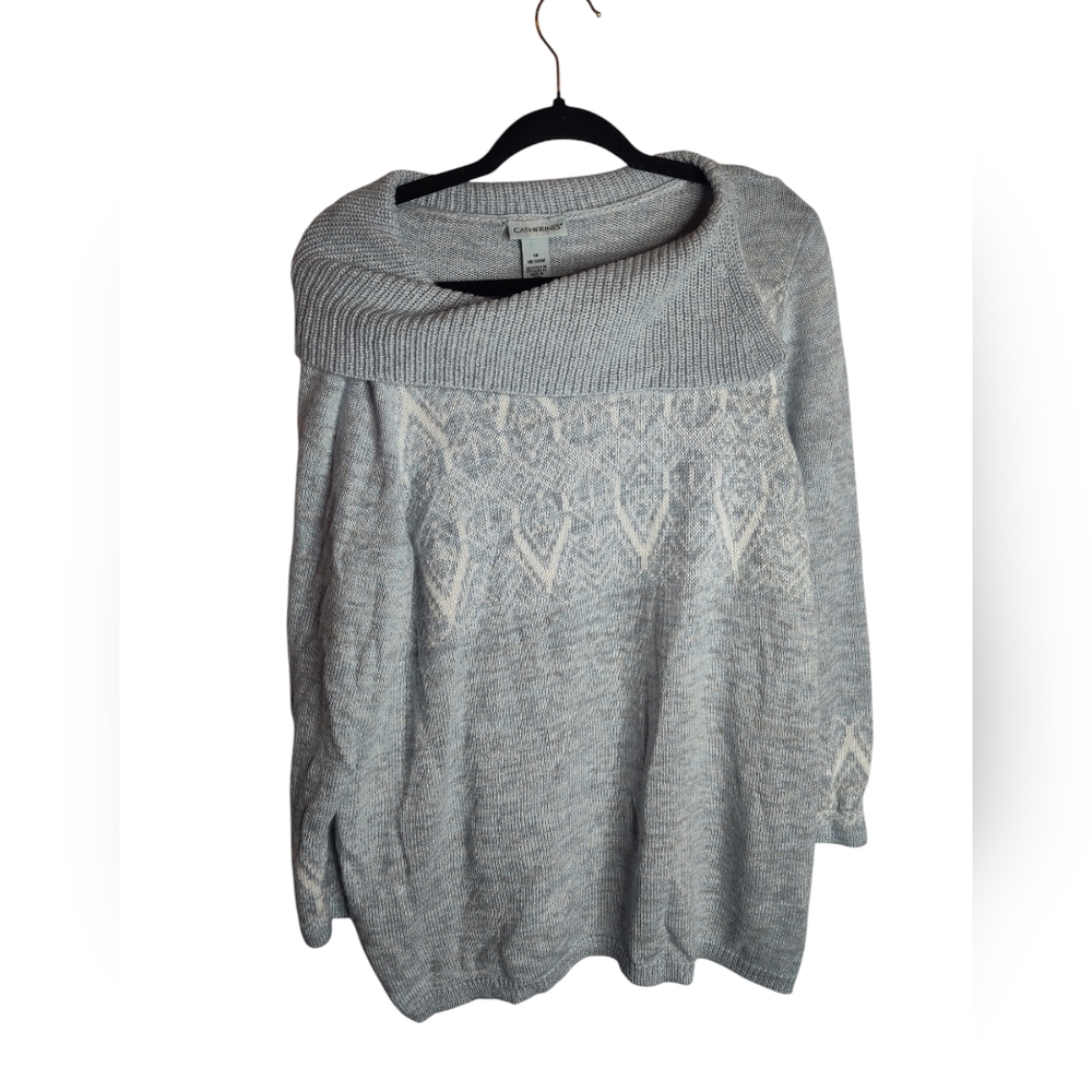 Catherines Plus Size Fair Isle Knit Pullover Sweater fold over neckline blue